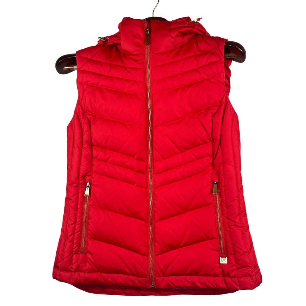 Michael Kors Womens S Quilted Puffer Vest Detachable Hood Red Down Fill NWOT - Picture 1 of 16